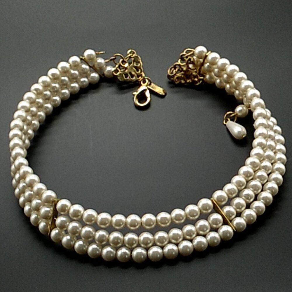 Christina Collection Triple Memory Wire Strand Faux Pearl Choker Necklace